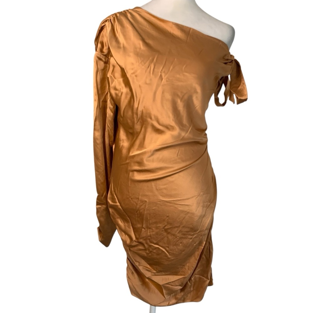 Cinq à Sept Size 10 Thea One-Shoulder Bronze Copper 100% Silk Mini Dress Glam